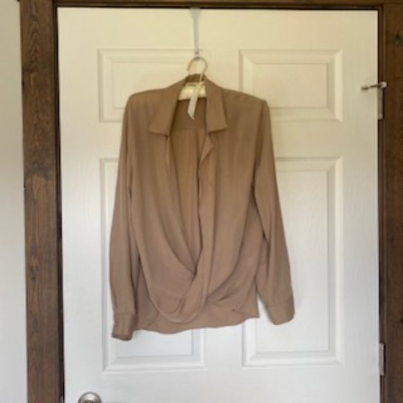 L'AGENCE Rita Drape-Front Faux-Wrap Silk Blouse NUDE - Picture 6 of 13